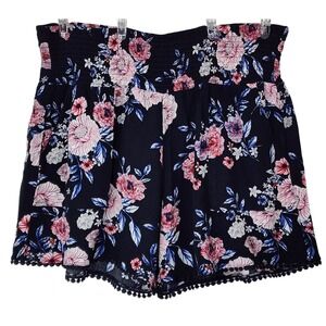 Three Dots XL Floral Smocked Waist Crochet Trimmed Rayon‎ Shorts Black Pink EUC